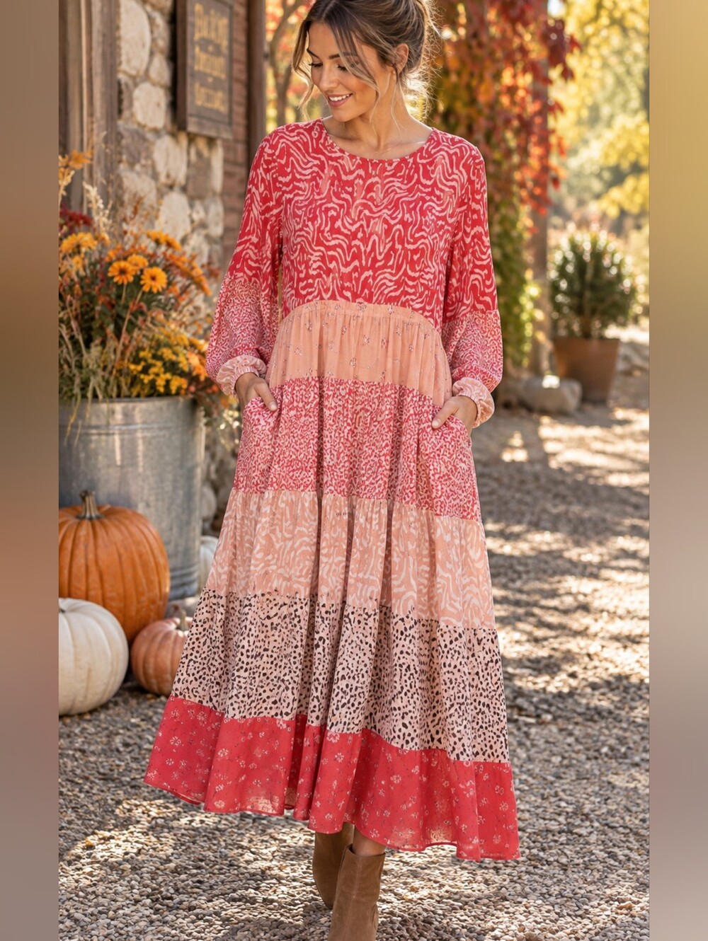DOLAN Anthropologie Jodie Maxi Dress Mixed Print Tiered Boho Red Peach L